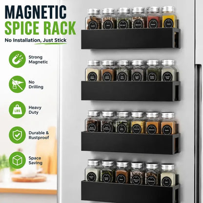 4-Pack Black Magnetic Spice Rack with Movable Hooks for Refrigerator, Magnetic Shelves Storage Seasoning Organizer for Fridge