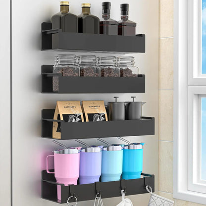 4-Pack Black Magnetic Spice Rack with Movable Hooks for Refrigerator, Magnetic Shelves Storage Seasoning Organizer for Fridge