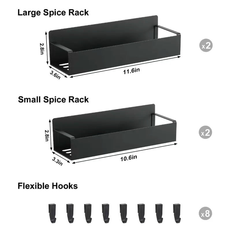 4-Pack Black Magnetic Spice Rack with Movable Hooks for Refrigerator, Magnetic Shelves Storage Seasoning Organizer for Fridge