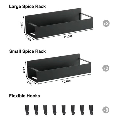 4-Pack Black Magnetic Spice Rack with Movable Hooks for Refrigerator, Magnetic Shelves Storage Seasoning Organizer for Fridge