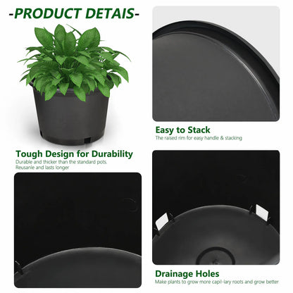 10PC Black Plastic Multi-Size Injection Mold Trade Gal Modern Plant Pots, Premium Weatherproof Outdoor-Planting Root Nursery Pots with Garden Accessories for Specialty Garden Tools