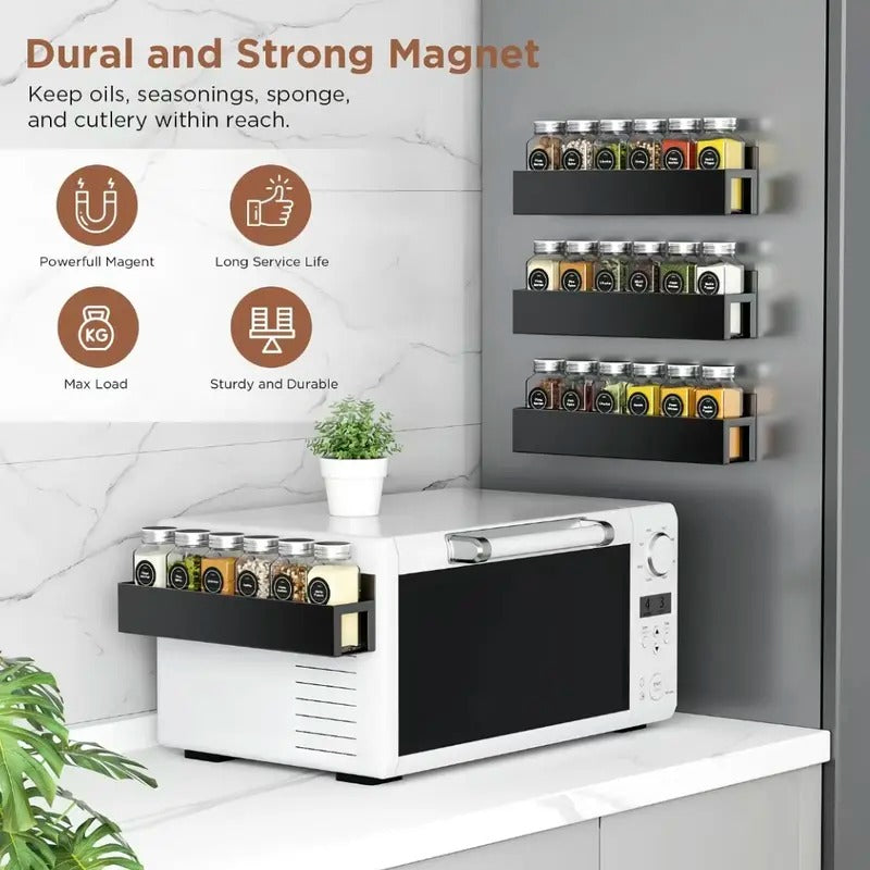4-Pack Black Magnetic Spice Rack with Movable Hooks for Refrigerator, Magnetic Shelves Storage Seasoning Organizer for Fridge