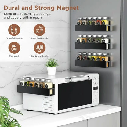 4-Pack Black Magnetic Spice Rack with Movable Hooks for Refrigerator, Magnetic Shelves Storage Seasoning Organizer for Fridge