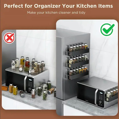4-Pack Black Magnetic Spice Rack with Movable Hooks for Refrigerator, Magnetic Shelves Storage Seasoning Organizer for Fridge