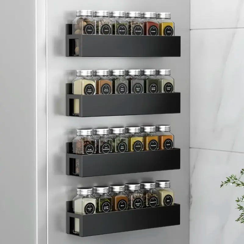 4-Pack Black Magnetic Spice Rack with Movable Hooks for Refrigerator, Magnetic Shelves Storage Seasoning Organizer for Fridge