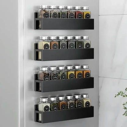 4-Pack Black Magnetic Spice Rack with Movable Hooks for Refrigerator, Magnetic Shelves Storage Seasoning Organizer for Fridge