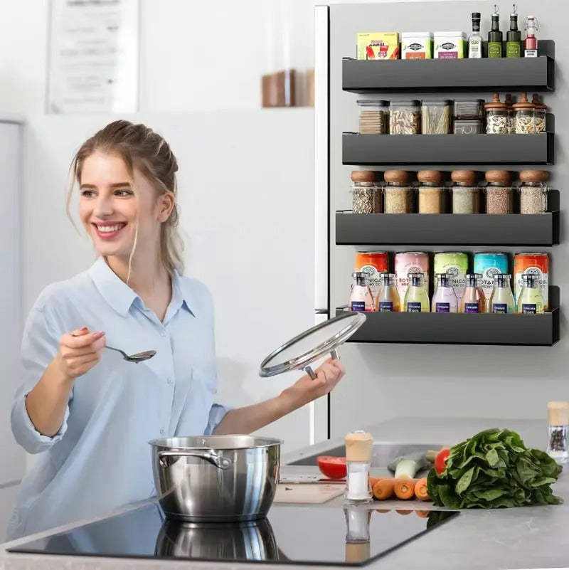 4-Pack Black Magnetic Spice Rack with Movable Hooks for Refrigerator, Magnetic Shelves Storage Seasoning Organizer for Fridge